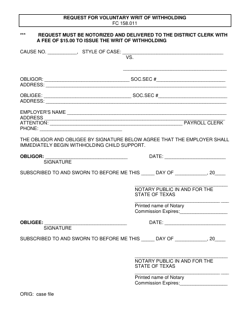 Request for Voluntary Writ of Withholding, Bandera County form, first page