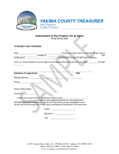 Authorization to Pay Property Tax as Agent, Yakima County form, first page