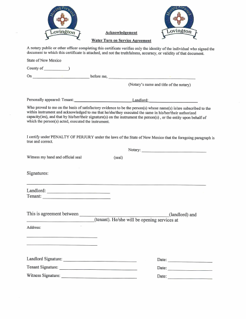 First page of the Water Turn-On Service Agreement