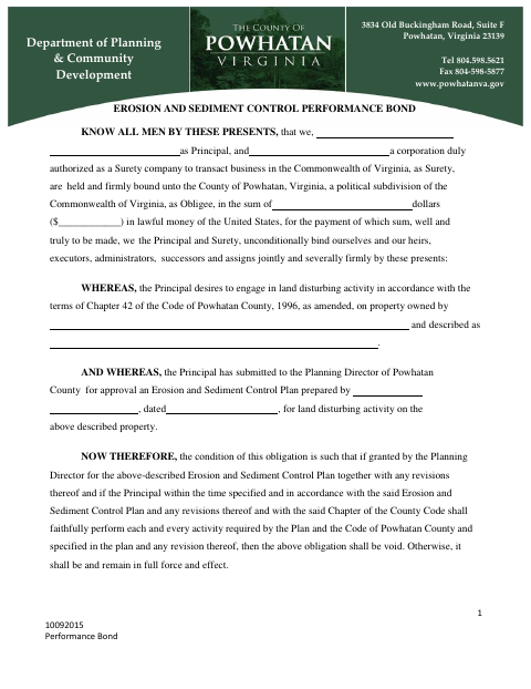 Erosion And Sediment Control Performance Bond, Powhatan County form, first page