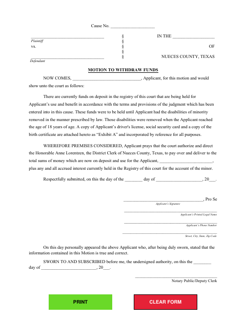 Motion to Withdraw Funds, Nueces County form, first page