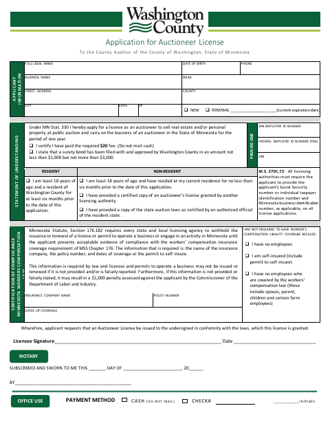 Application for Auctioneer License, Washington County form, first page