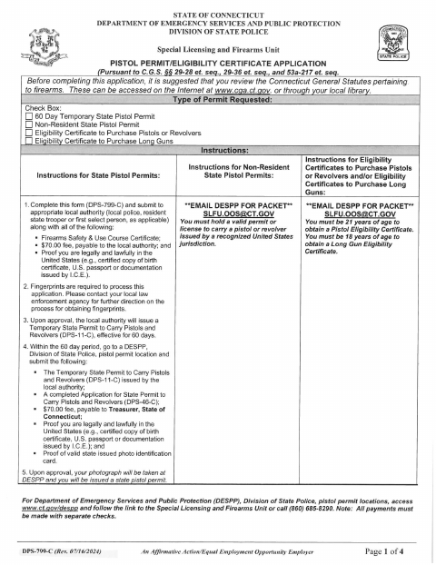 First page of the Pistol Permit and Eligibility Certificate Application