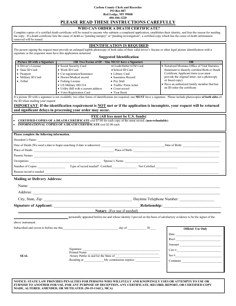 Death Certificate Application, Carbon County form, first page