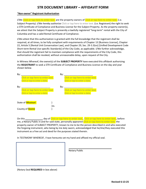 First page of the Non-Owner Registrant Authorization Affidavit