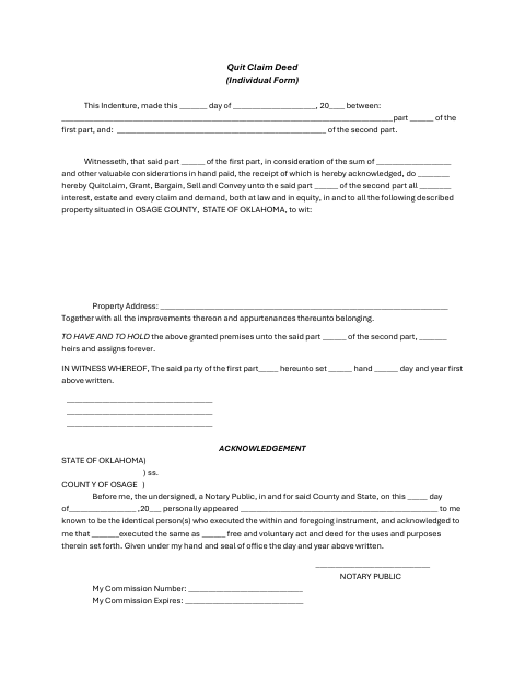 Quit Claim Deed (Individual Form), Osage County form, first page