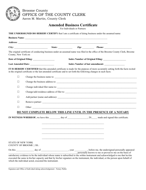 Amended Business Certificate For Individuals or Partners, Broome County form, first page