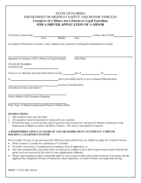 Caregiver Consent for Minor Driver Application HSMV 71142 C first page