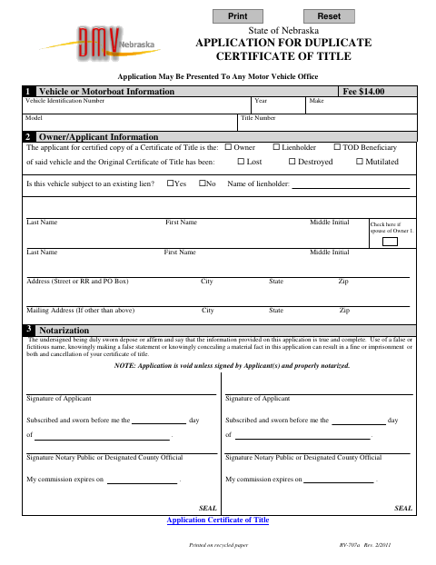 Application for Duplicate Certificate of Title, Cuming County form, first page