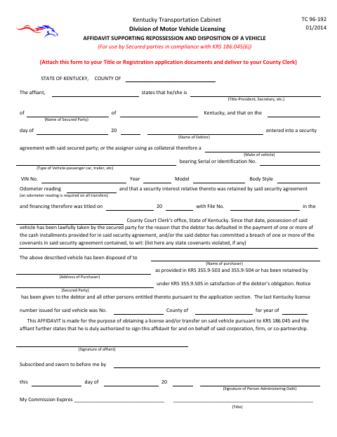 Affidavit Supporting Repossession And Disposition Of A Vehicle, Daviess County form, first page