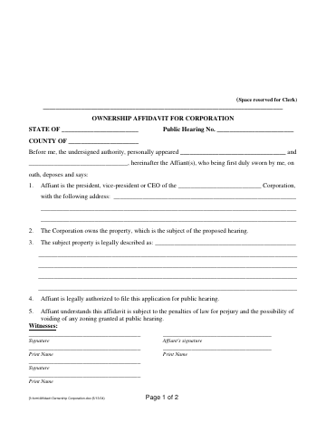 ownership affidavit for corporation — Miami-Dade County form, first page