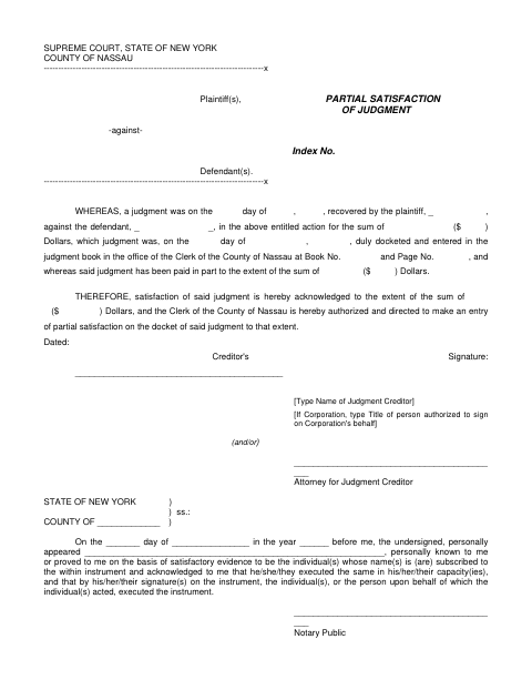 Partial Satisfaction Of Judgment, Nassau County form, first page