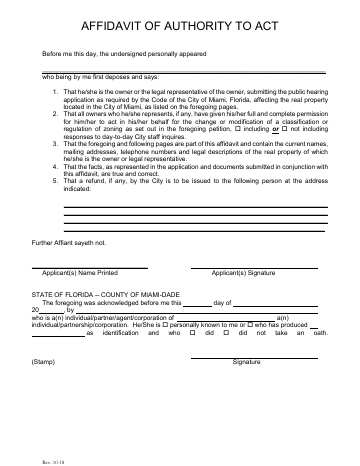 First page of the Affidavit of Authority to Act