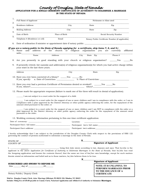 Application for a Single Ceremony Certificate of Authority to Solemnize a Marriage, Douglas County form, first page