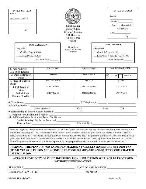 Application for Birth or Death Certificate, Brewster County form, first page