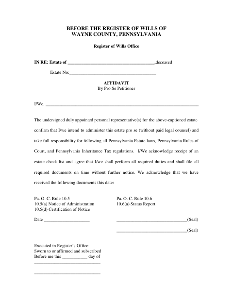 Affidavit by Pro Se Petitioner, Wayne County form, first page