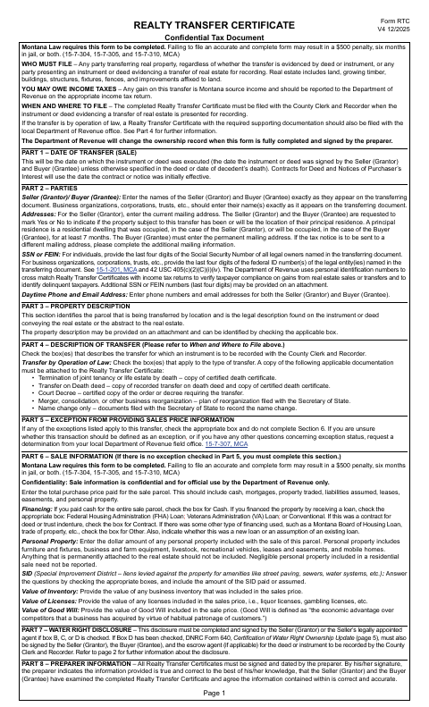 First page of the Realty Transfer Certificate