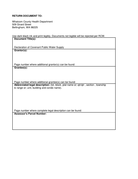 Declaration of Covenant for Public Water Supply, Whatcom County form, first page