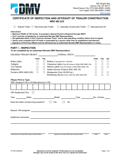 VP 223 Certificate of Inspection and Affidavit of Trailer Construction first page