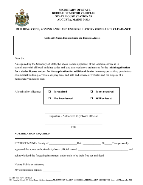 MVD-363 Building Code, Zoning, and Land Use Regulatory Ordinance Clearance first page
