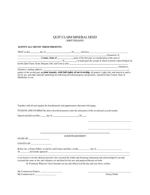 Quit Claim Mineral Deed Joint Tenants, Kay County form, first page