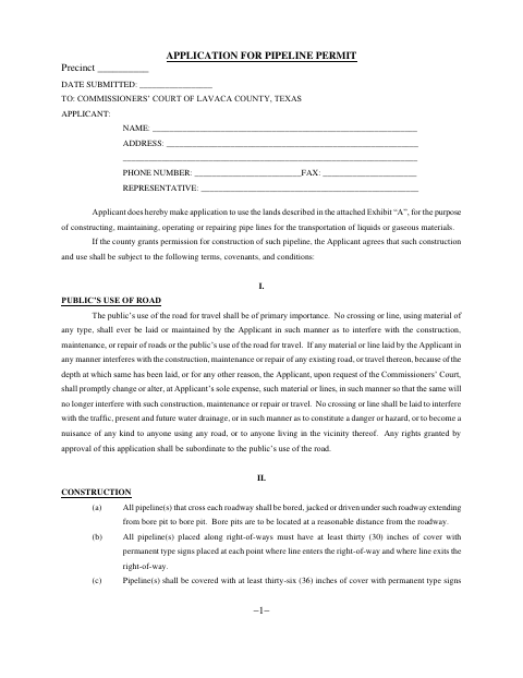 Application for Pipeline Permit, Lavaca County form, first page