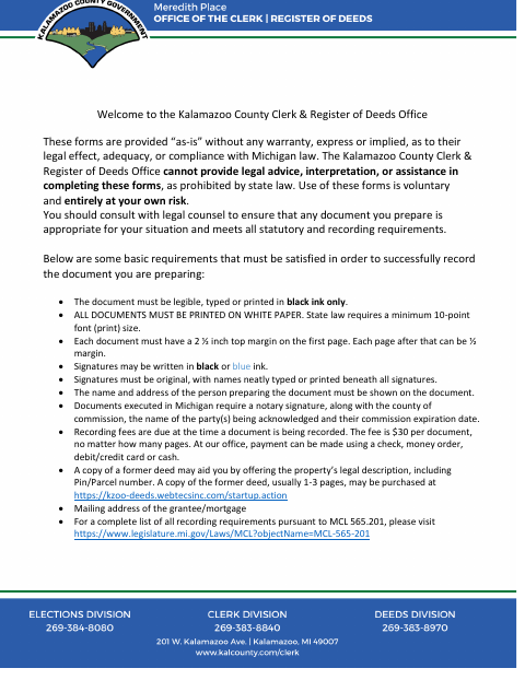 Quit Claim Deed, Kalamazoo County form, first page