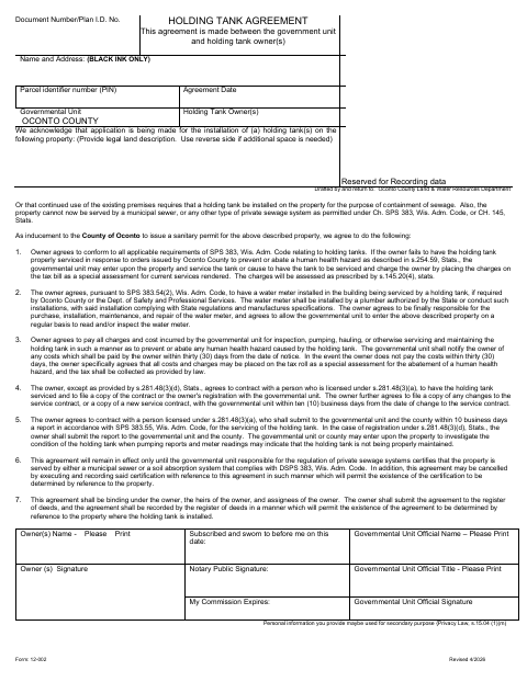 Holding Tank Agreement, Oconto County form, first page