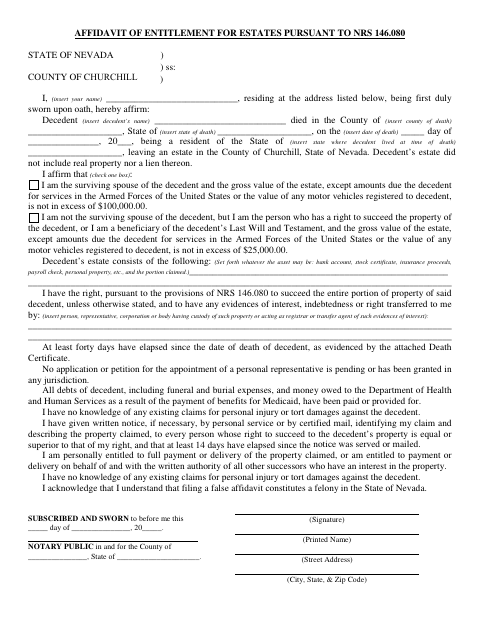 Affidavit of Entitlement for Estates, Churchill County form, first page