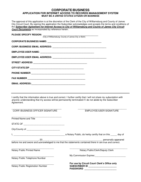 Corporate/Business Application for Internet Access to Records Management System, James City County form, first page