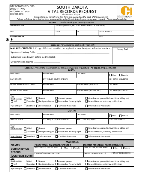 Vital Records Request, Davison County form, first page