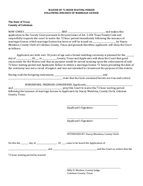 First page of the Waiver of 72-Hour Waiting Period Following Issuance of Marriage License