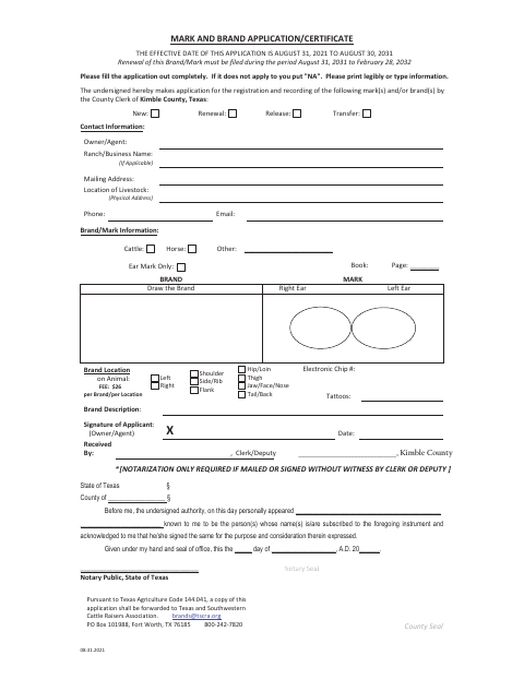 Mark and Brand Application/Certificate, Kimble County form, first page