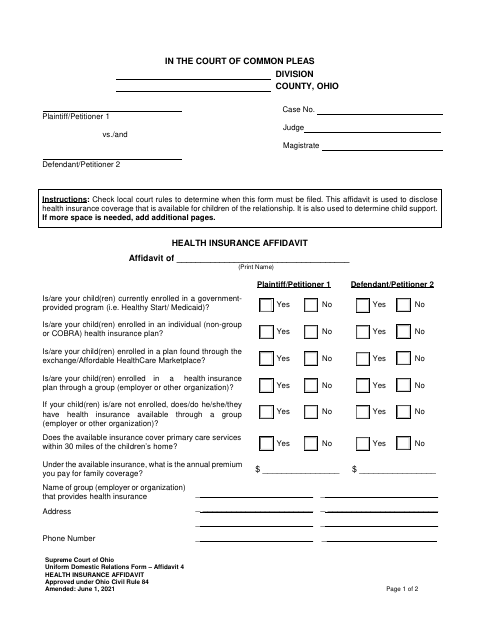 Health Insurance Affidavit, Miami County form, first page