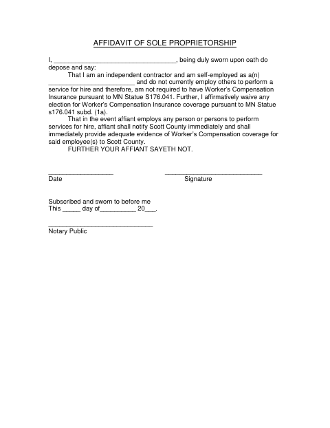 Affidavit of Sole Proprietorship, Scott County form, first page