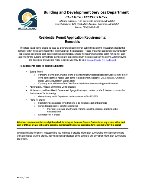 Residential Remodel Permit Requirements, Gaston County form, first page