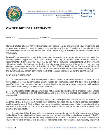 First page of the Owner Builder Affidavit (Statement of Fact)