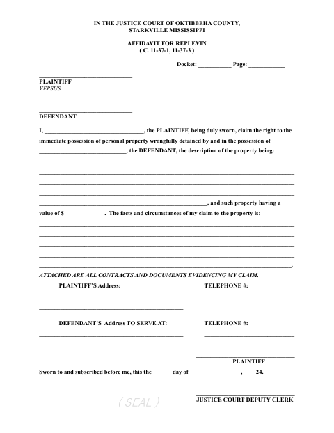 Affidavit For Replevin, Oktibbeha County form, first page