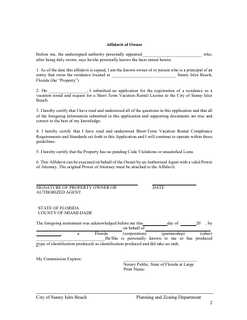 First page of the Vacation Rental Affidavit