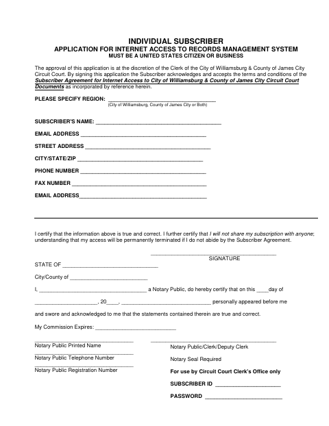 Individual Subscriber Application for Internet Access to Records Management System, James City County form, first page
