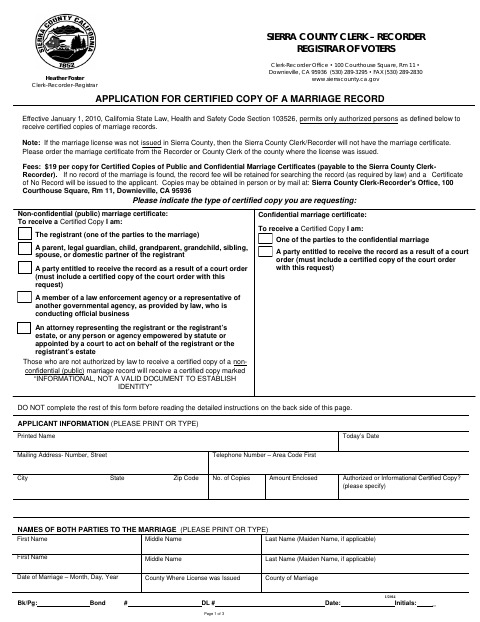 Application for Certified Copy of a Marriage Record, Sierra County form, first page