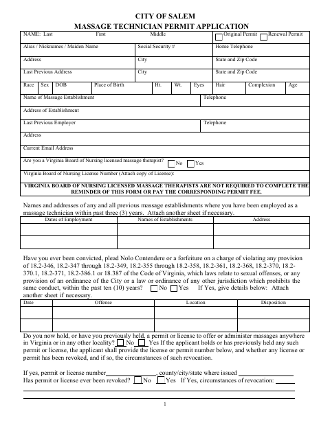 Massage Technician Permit Application, City of Salem form, first page