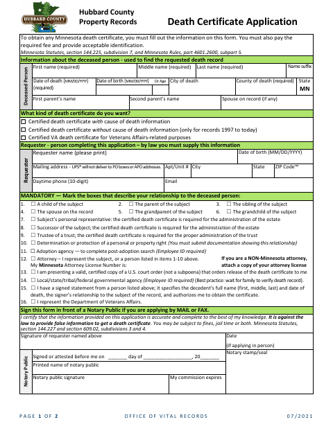Death Certificate Application, Hubbard County form, first page