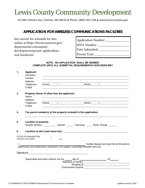 Wireless Communications Facility Application, Lewis County form, first page