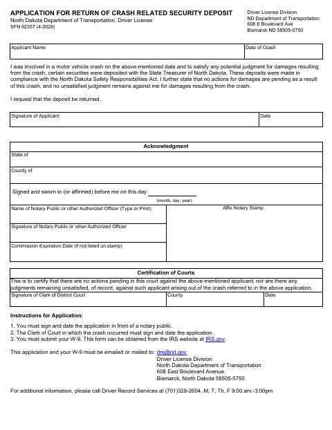 Application for Return of Crash Related Security Deposit SFN 62357 first page