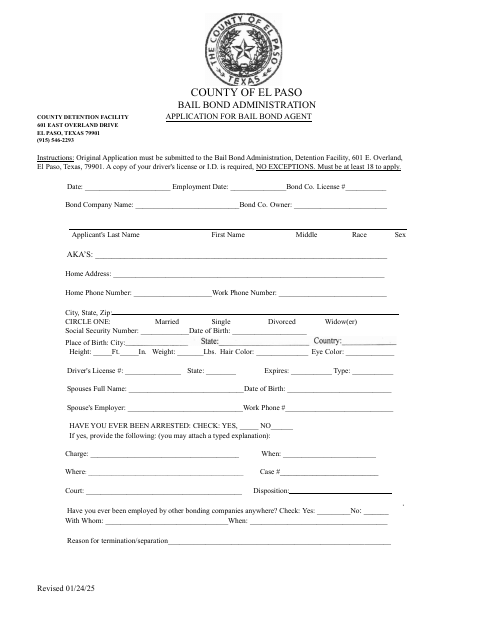 Application For Bail Bond Agent, El Paso County form, first page