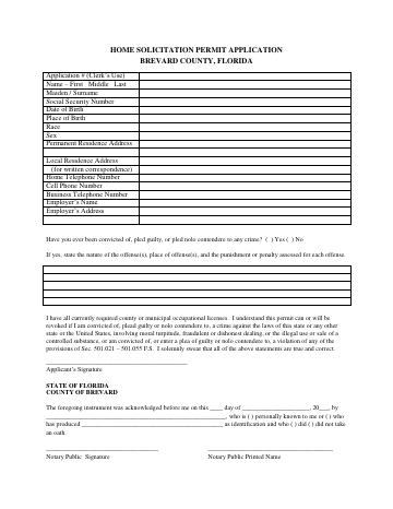 Home solicitation permit application — Brevard County form, first page