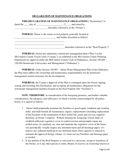 Declaration of Maintenance Obligations, McCracken County form, first page