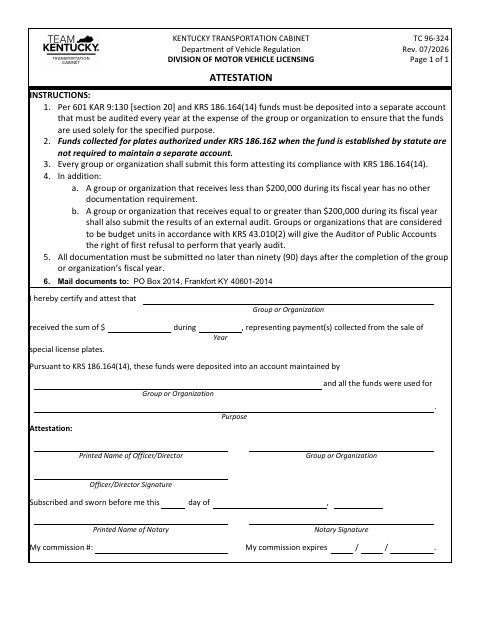 TC 96-324 Special License Plate Fund Attestation first page