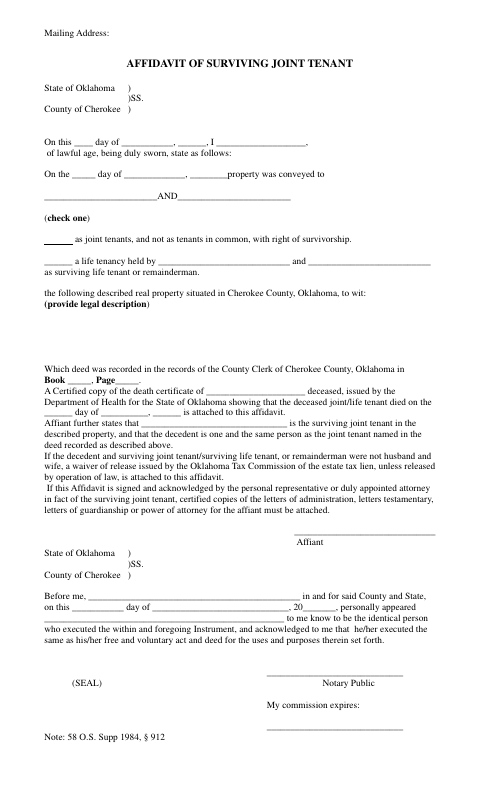 Affidavit of Surviving Joint Tenant, Cherokee County form, first page